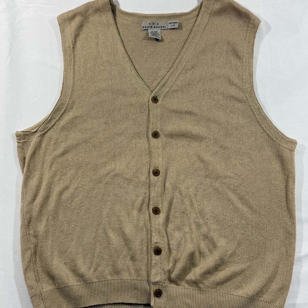 A|K|A Eddie Bauer Men's V-Neck Button-Up Sweater Vest, Tan Khaki - Size L
